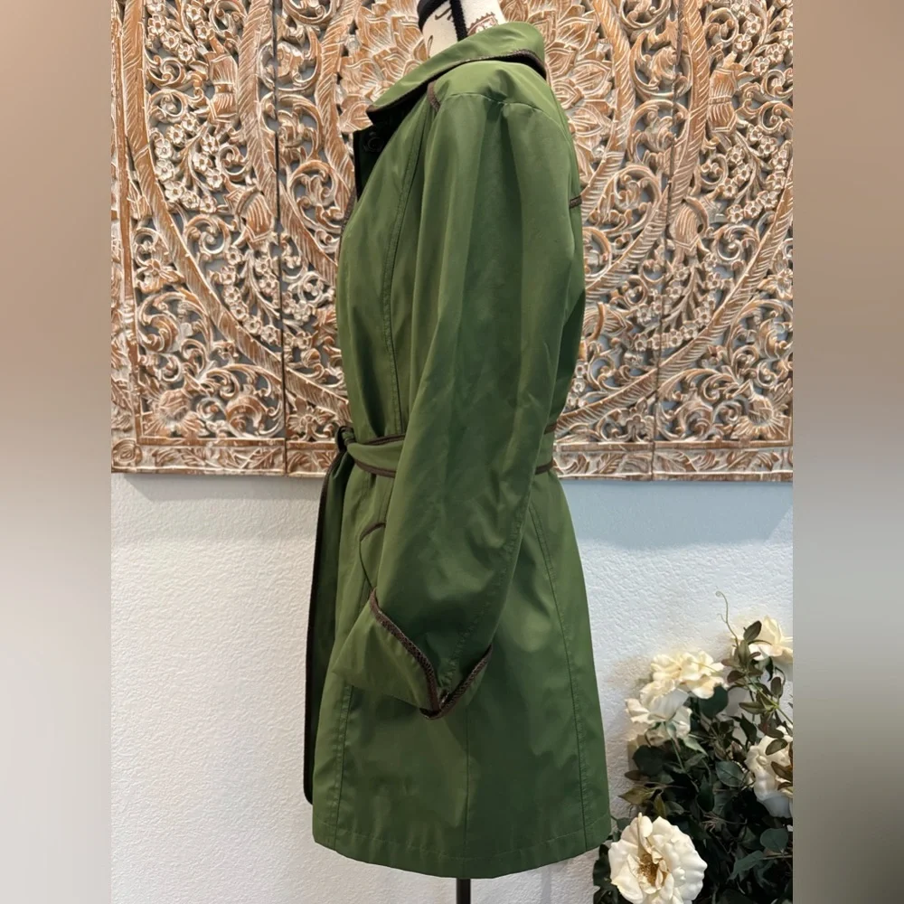 Dennis by Dennis Basso Green & Brown Belted Water Resistant Trench Coat- size L